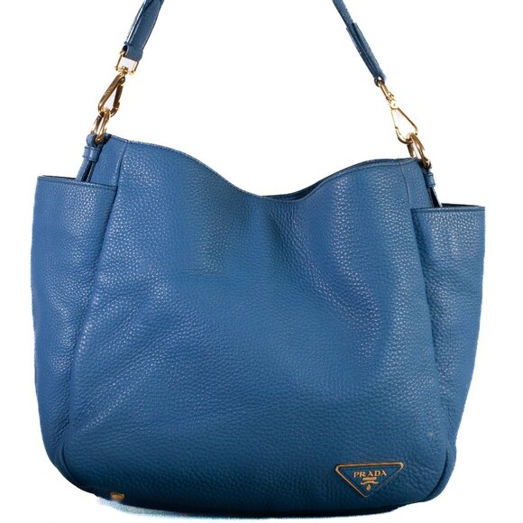 Authentic Prada Blue Vitello Daino Side Pocket Hobo Bag - Picture 1 of 8